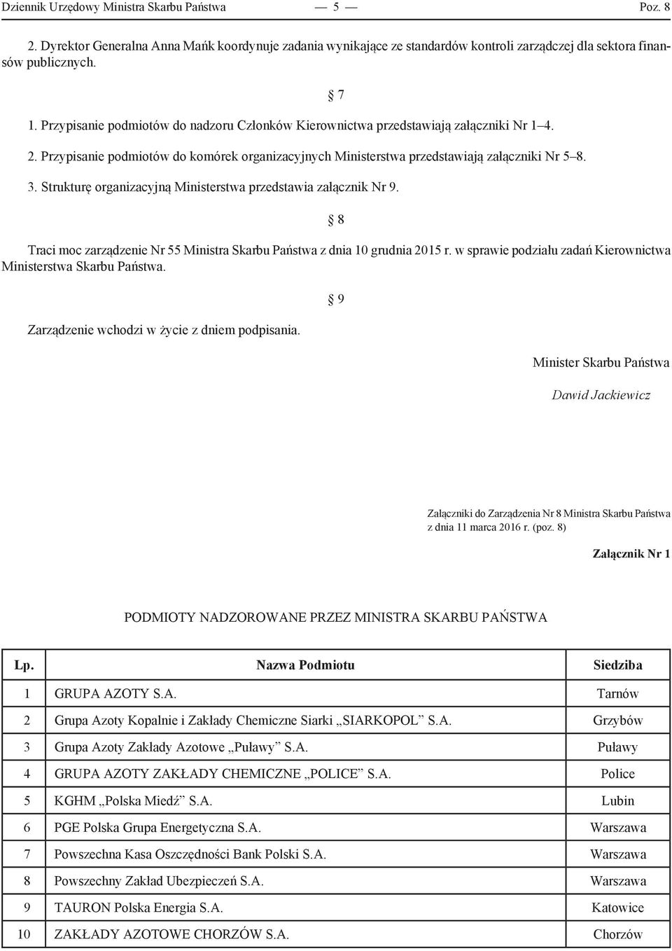 Strukturę organizacyjną Ministerstwa przedstawia załącznik Nr 9. 7 8 Traci moc zarządzenie Nr 55 Ministra Skarbu Państwa z dnia 10 grudnia 2015 r.