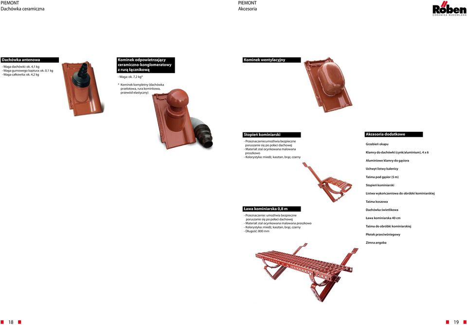7,2 kg* * Kominek kompletny (dachówka przelotowa, rura kominkowa, przewód elastyczny) Kominek wentylacyjny Stopień kominiarski - Przeznaczenie:umożliwia bezpieczne poruszanie się po połaci dachowej -