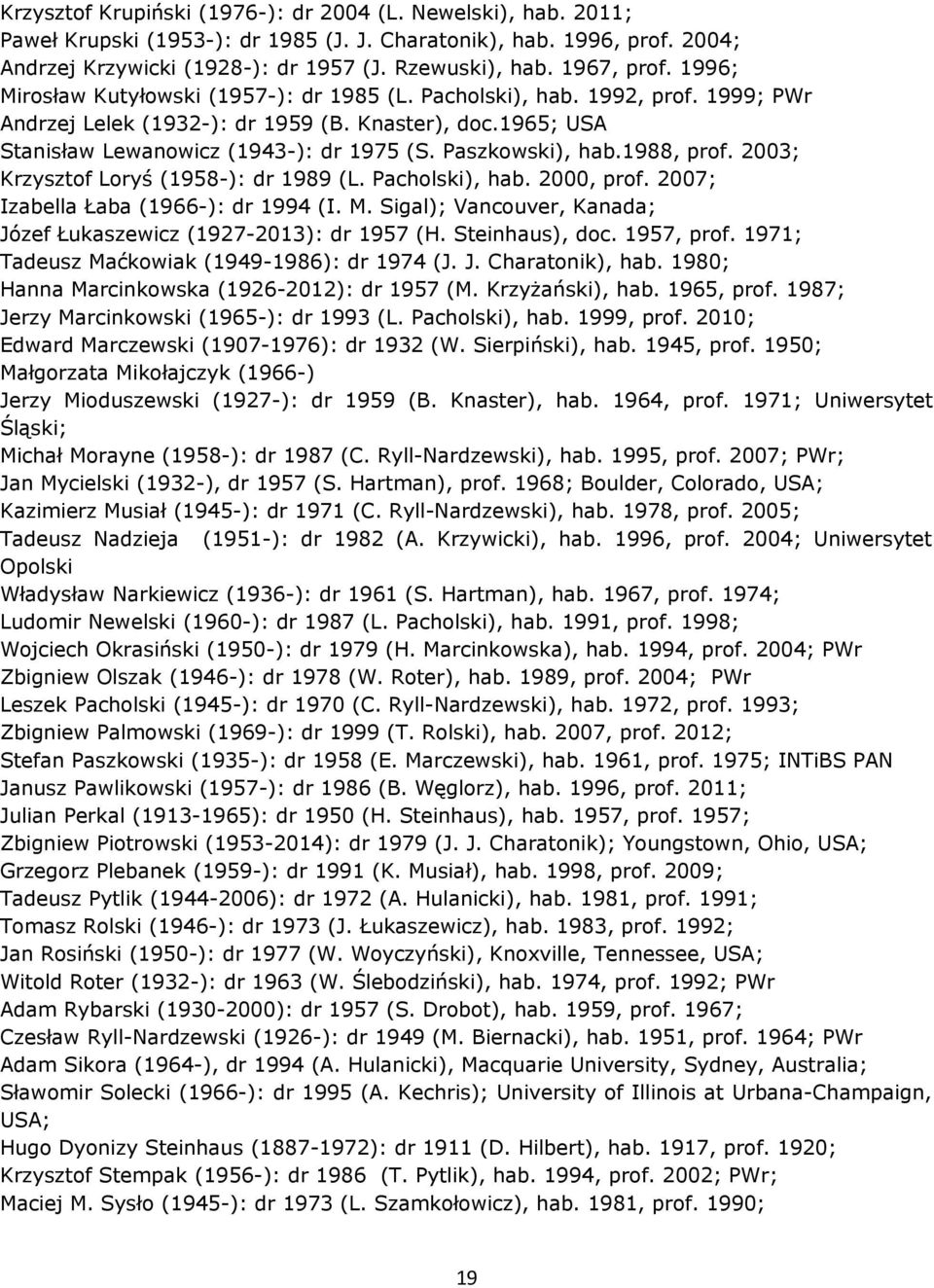 Paszkowski), hab.1988, prof. 2003; Krzysztof Loryś (1958-): dr 1989 (L. Pacholski), hab. 2000, prof. 2007; Izabella Łaba (1966-): dr 1994 (I. M.