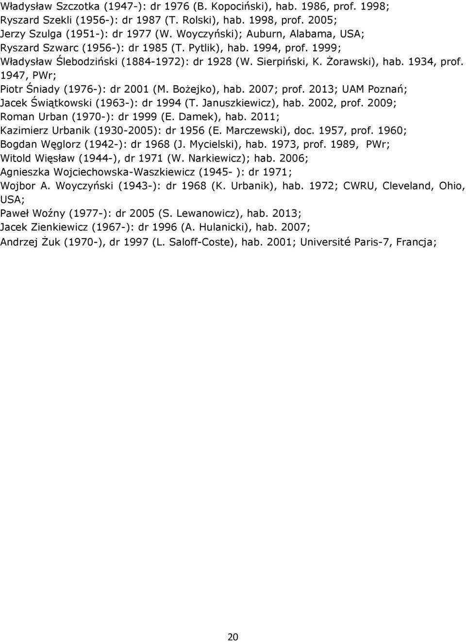 1947, PWr; Piotr Śniady (1976-): dr 2001 (M. Bożejko), hab. 2007; prof. 2013; UAM Poznań; Jacek Świątkowski (1963-): dr 1994 (T. Januszkiewicz), hab. 2002, prof. 2009; Roman Urban (1970-): dr 1999 (E.