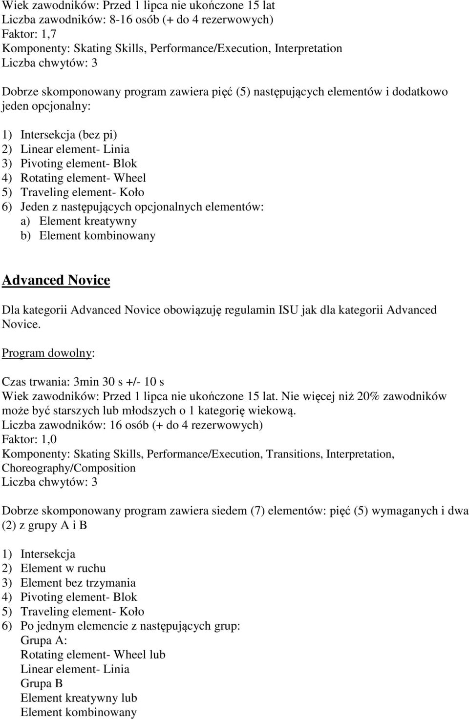 kombinowany Advanced Novice Dla kategorii Advanced Novice obowiązuję regulamin ISU jak dla kategorii Advanced Novice.