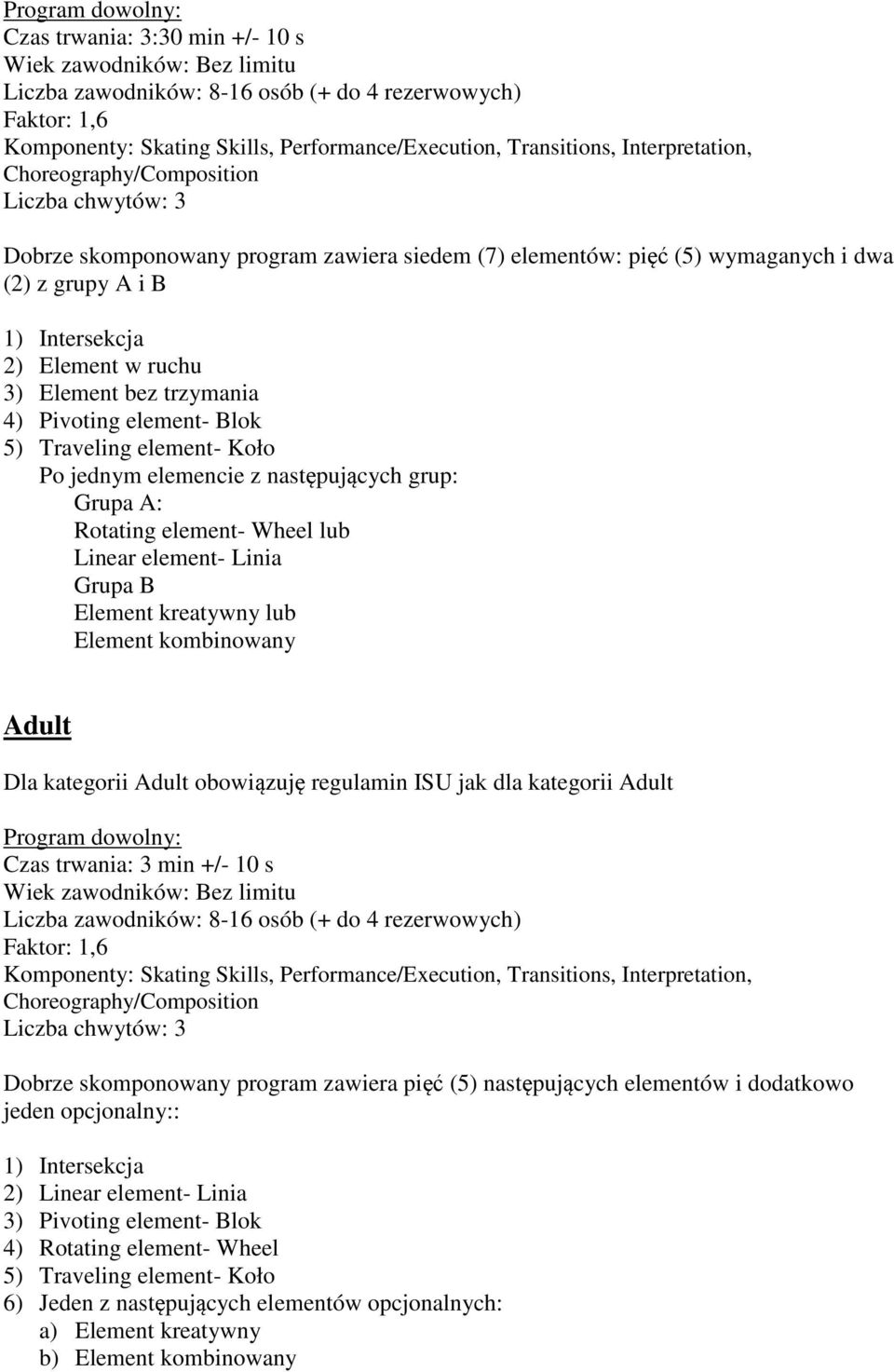 regulamin ISU jak dla kategorii Adult Czas trwania: 3 min +/- 10 s Wiek zawodników: Bez limitu Dobrze skomponowany program zawiera pięć (5) następujących elementów i dodatkowo