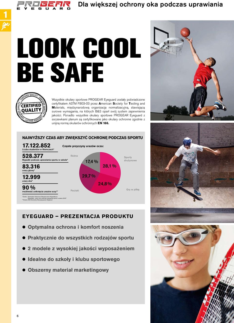 system zapewnienia jakości. Ponadto wszystkie okulary sportowe PROGEAR Eyeguard z soczewkami planum są certyfikowane jako okulary ochronne zgodnie z unijną normą okularów ochronnych EN 166.