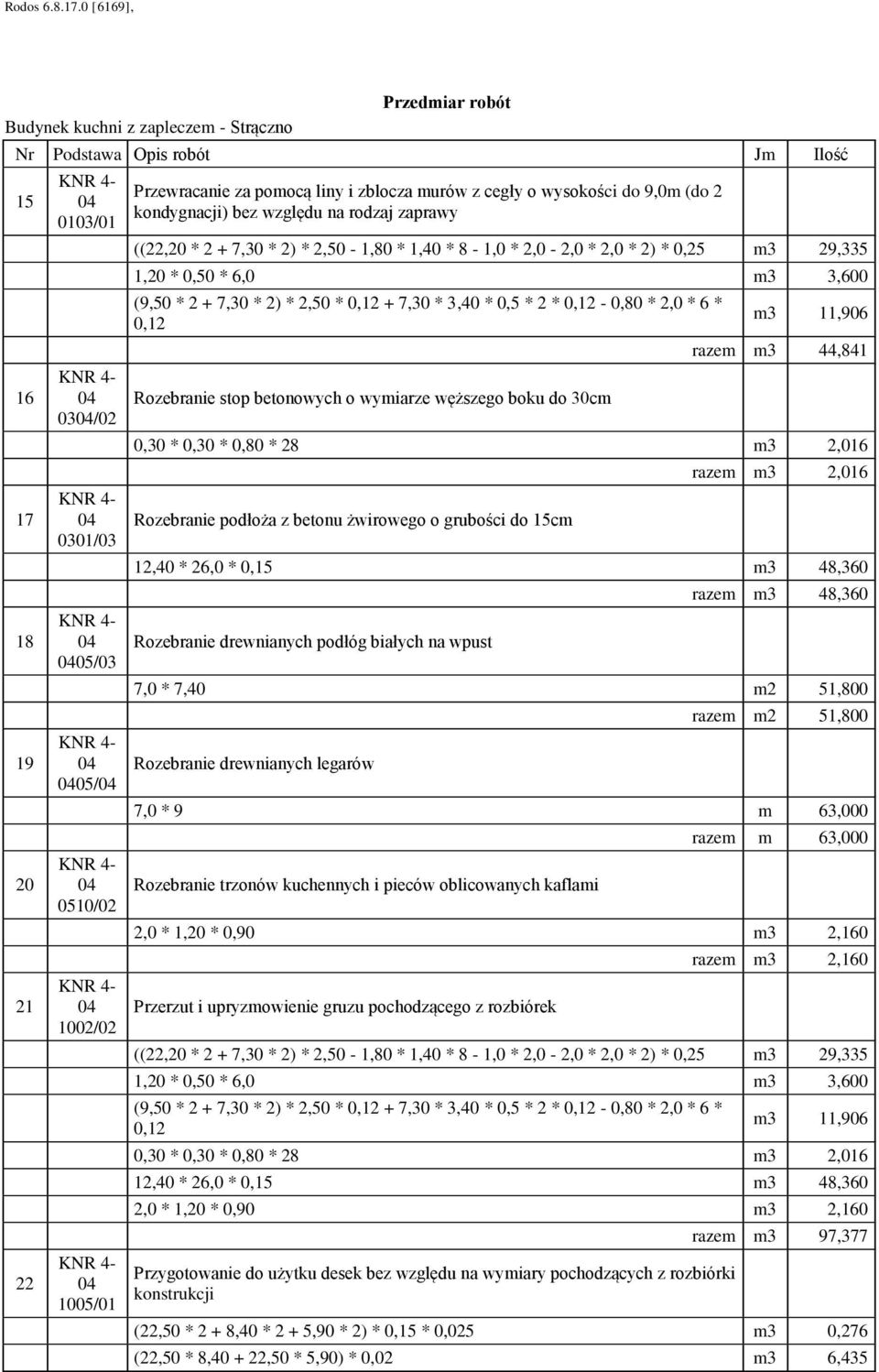 0,12 + 7,30 * 3,40 * 0,5 * 2 * 0,12-0,80 * 2,0 * 6 * 0,12 Rozebranie stop betonowych o wymiarze węższego boku do 30cm m3 11,906 razem m3 44,841 0,30 * 0,30 * 0,80 * 28 m3 2,016 Rozebranie podłoża z