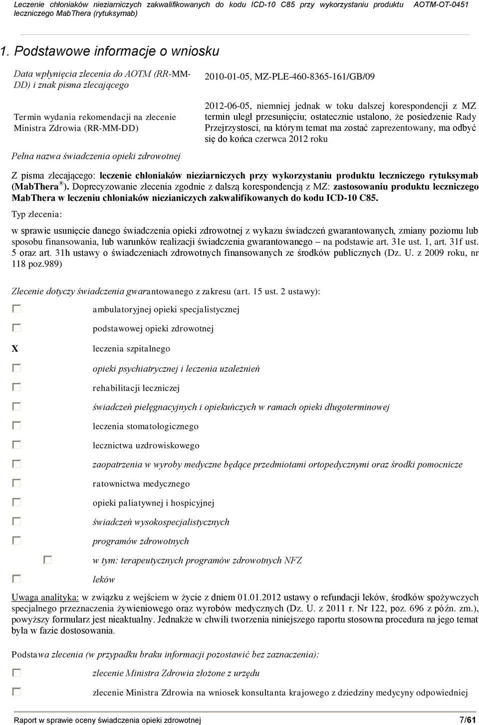 Przejrzystosci, na którym temat ma zostać zaprezentowany, ma odbyć się do końca czerwca 2012 roku Z pisma zlecającego: leczenie chłoniaków nieziarniczych przy wykorzystaniu produktu leczniczego