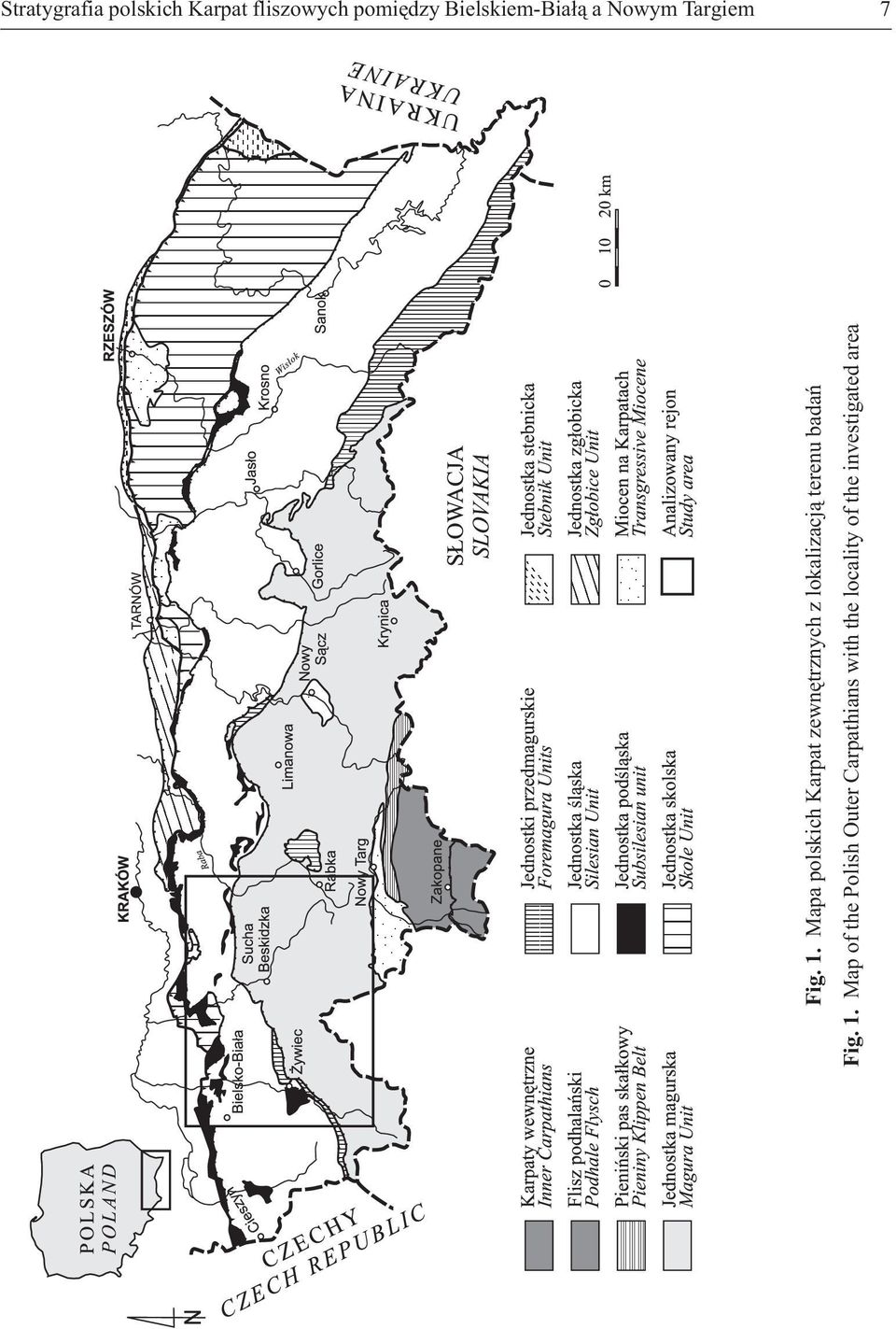 Mapa polskich Karpat zewnêtrznych z lokalizacj¹ terenu