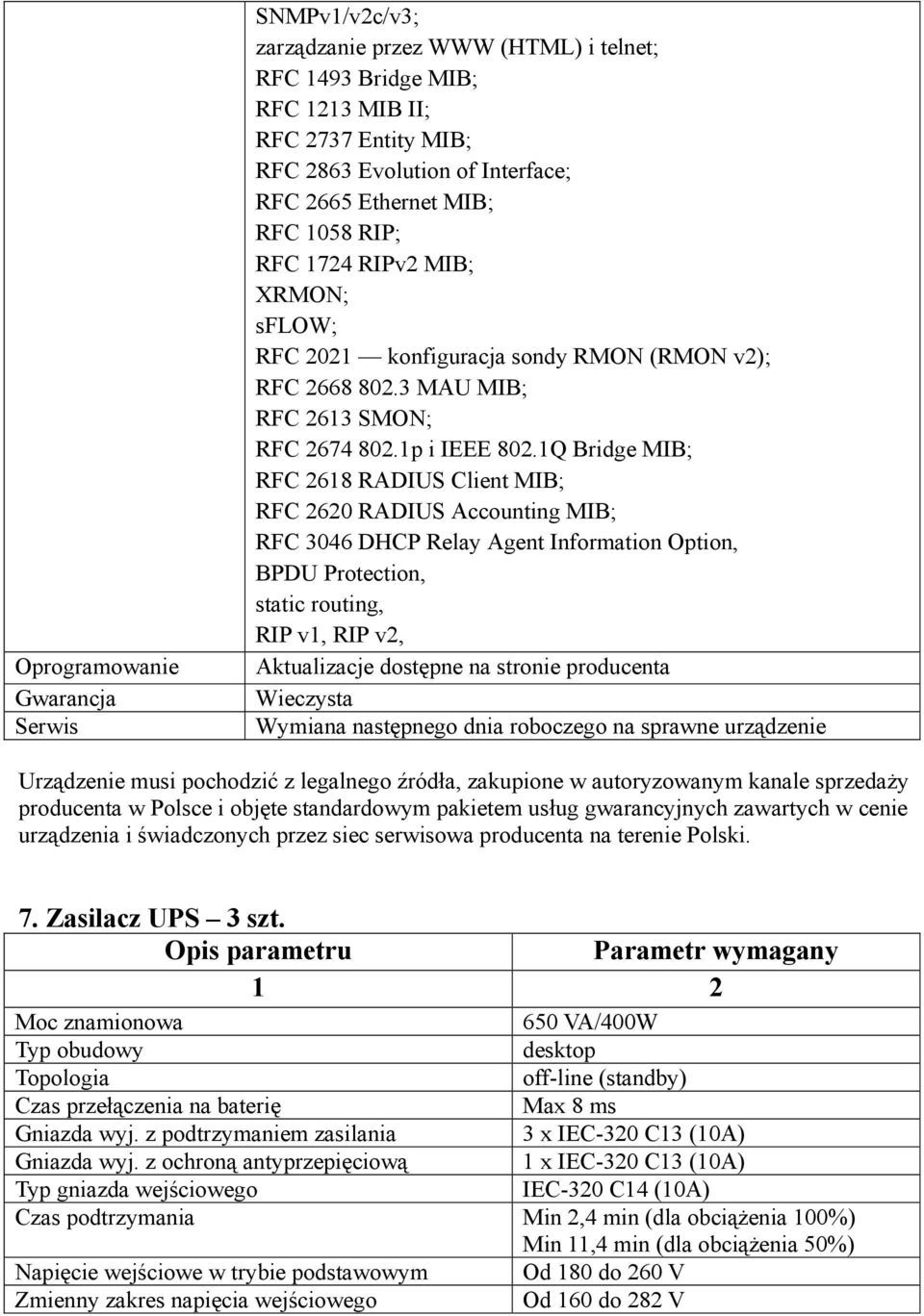 1Q Bridge MIB; RFC 2618 RADIUS Client MIB; RFC 2620 RADIUS Accounting MIB; RFC 3046 DHCP Relay Agent Information Option, BPDU Protection, static routing, RIP v1, RIP v2, Aktualizacje dostępne na