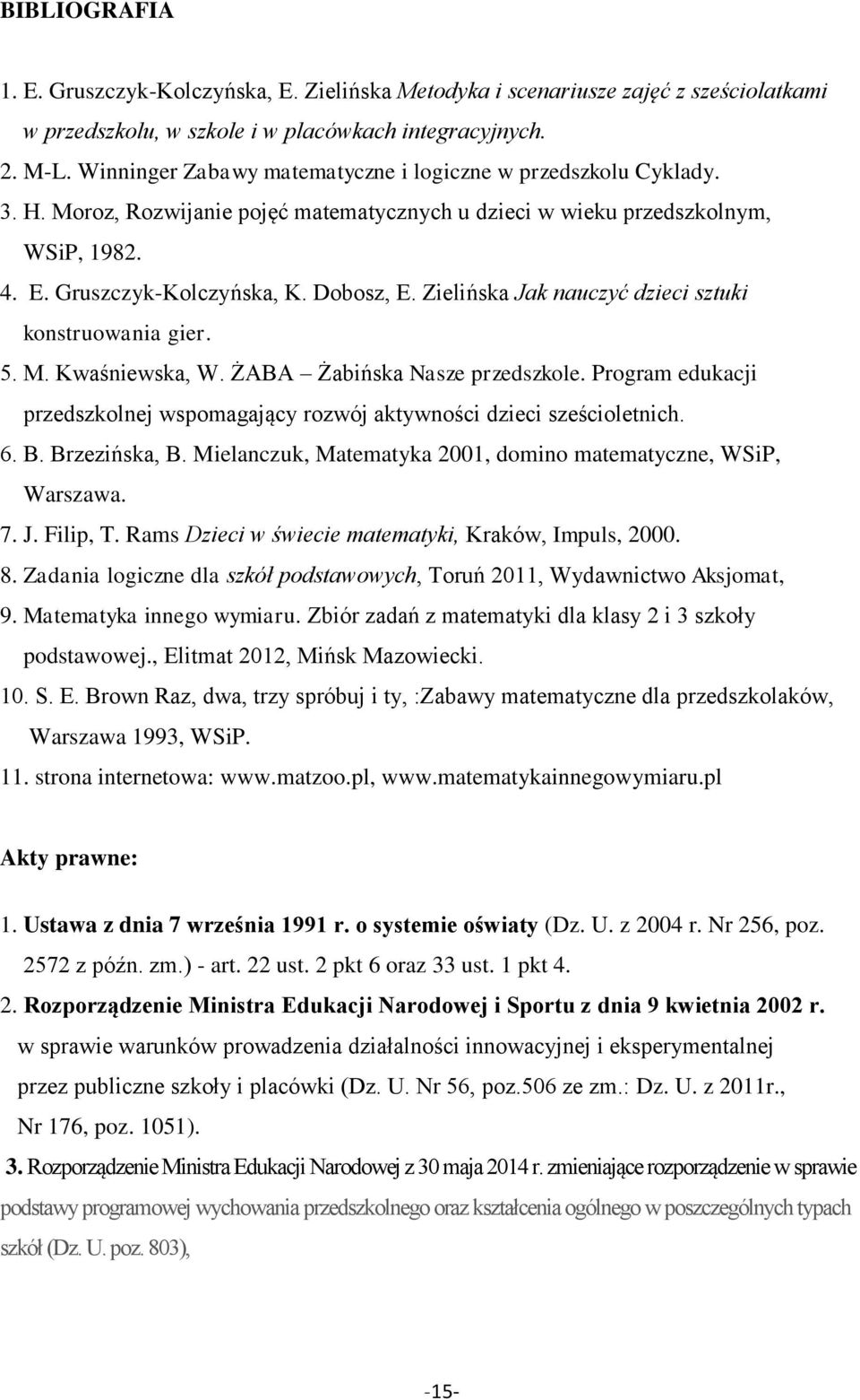 Zielińska Jak nauczyć dzieci sztuki konstruowania gier. 5. M. Kwaśniewska, W. ŻABA Żabińska Nasze przedszkole. Program edukacji przedszkolnej wspomagający rozwój aktywności dzieci sześcioletnich. 6.