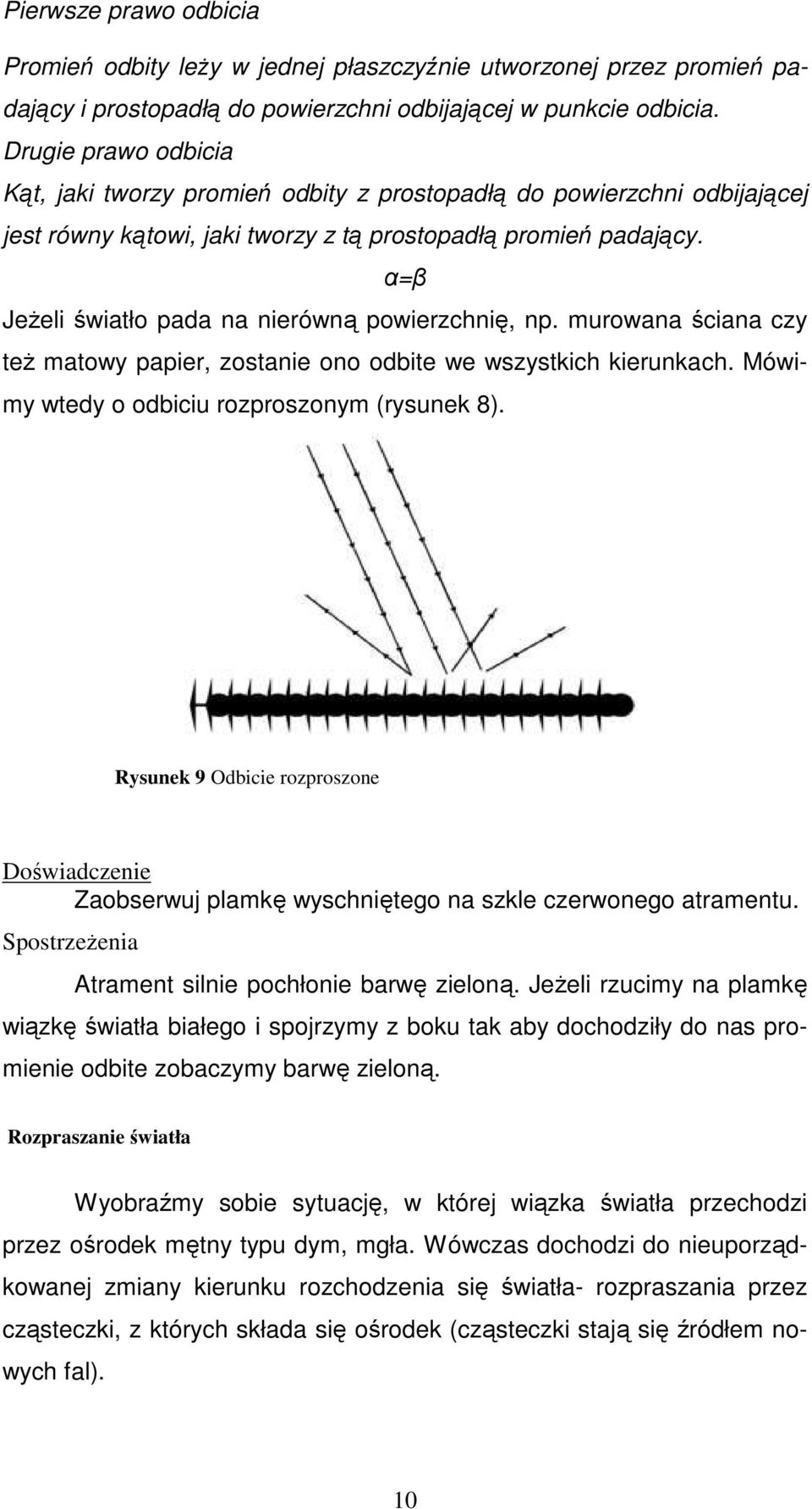 α=β JeŜeli światło pada na nierówną powierzchnię, np. murowana ściana czy teŝ matowy papier, zostanie ono odbite we wszystkich kierunkach. Mówimy wtedy o odbiciu rozproszonym (rysunek 8).