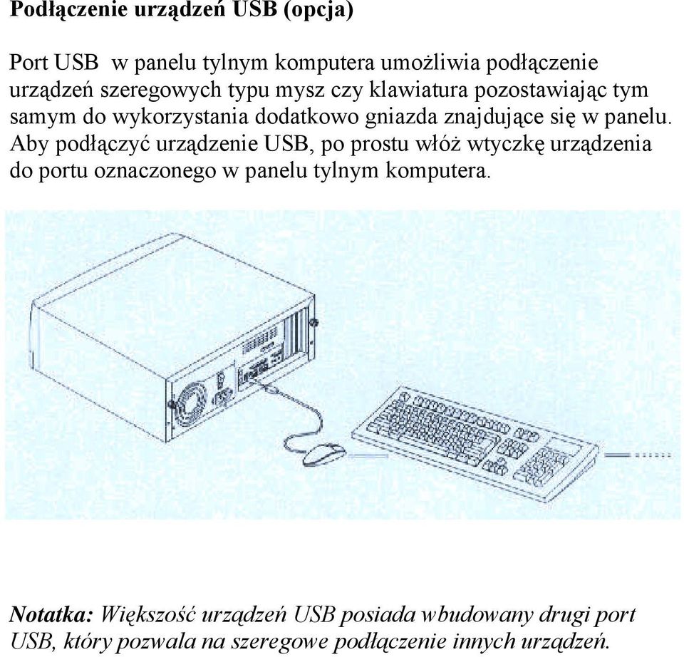 Aby podłączyć urządzenie USB, po prostu włóż wtyczkę urządzenia do portu oznaczonego w panelu tylnym komputera.