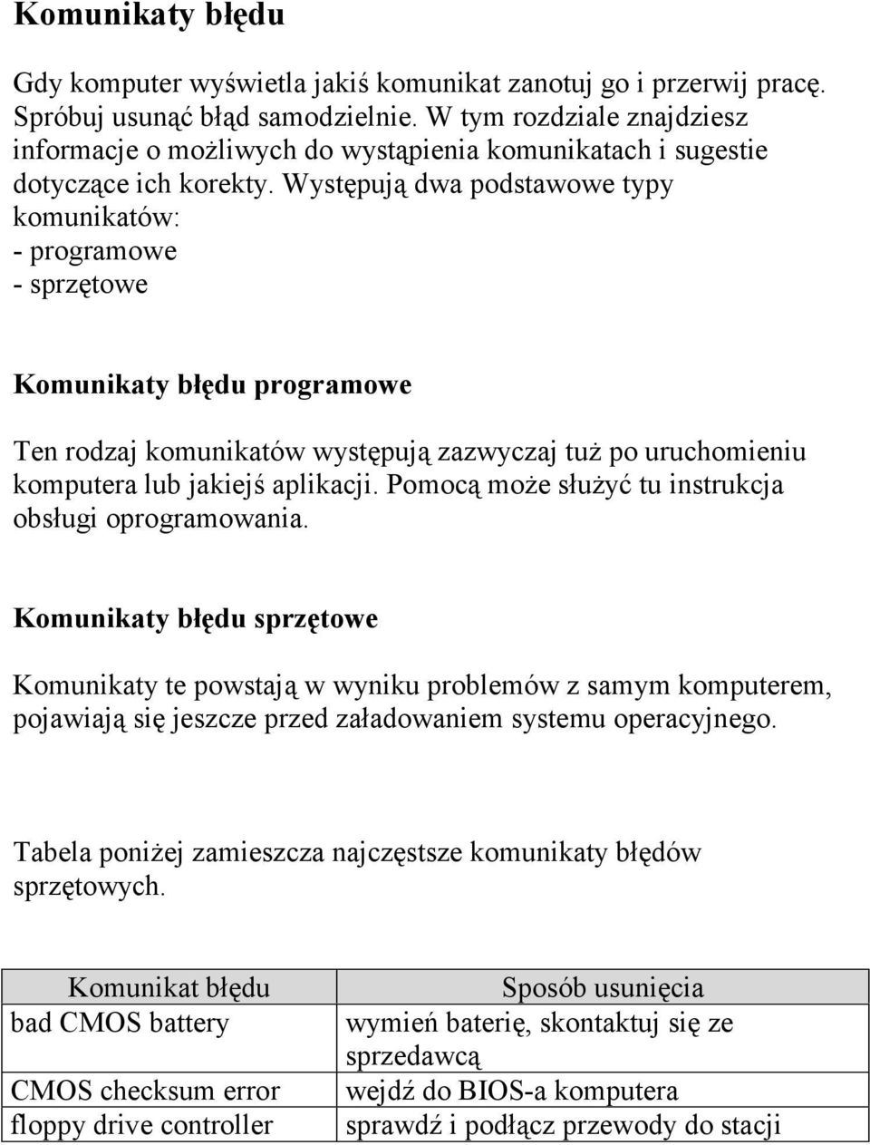 Występują dwa podstawowe typy komunikatów: - programowe - sprzętowe Komunikaty błędu programowe Ten rodzaj komunikatów występują zazwyczaj tuż po uruchomieniu komputera lub jakiejś aplikacji.