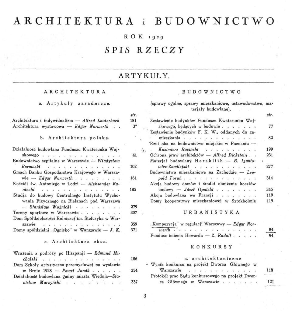 Działalność budowlana Funduszu Kwaterunku Wojskowego 41 Budownictwo szpitalne w Warszawie Władysław Borawski 102 Gmach Banku Gospodarstwa Krajowego w Warszawie Edgar Norwerth 161 Kościół św.