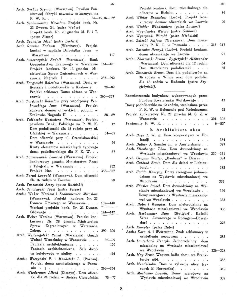 Bank Gospodarstwa Krajowego w Warszawie 161 181 Projekt konkurs. Nr. 13 gmachu Ministerstwa Spraw Zagranicznych w Warszawie. Nagroda I 287 292 Arch. Targowski Bolesław (Warszawa).