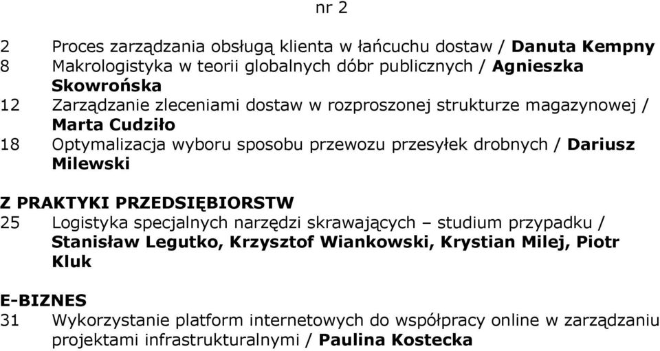 Dariusz Milewski Z PRAKTYKI PRZEDSIĘBIORSTW 25 Logistyka specjalnych narzędzi skrawających studium przypadku / Stanisław Legutko, Krzysztof Wiankowski,