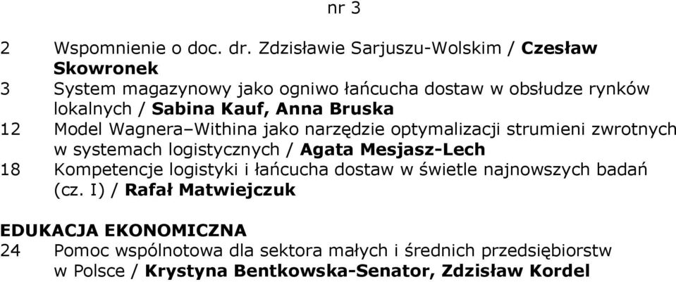 Sabina Kauf, Anna Bruska 12 Model Wagnera Withina jako narzędzie optymalizacji strumieni zwrotnych w systemach logistycznych /