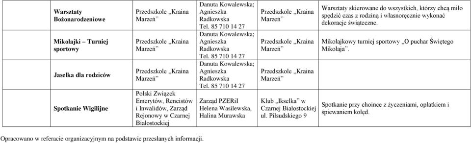 Piłsudskiego 9 Warsztaty skierowane do wszystkich, którzy chcą miło spędzić czas z rodziną i własnoręcznie wykonać dekoracje świąteczne.