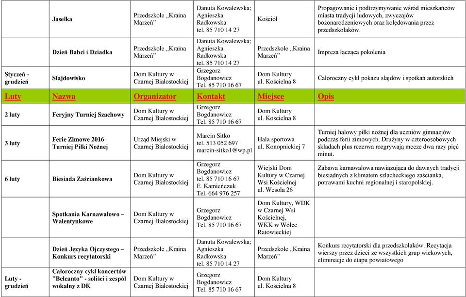 85 710 16 67 E. Kamieńczuk Tel. 664 976 257 Wiejski Dom Kultury w Czarnej Wsi Kościelnej ul.