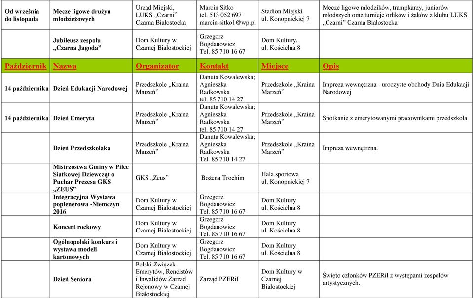 Dzień Przedszkolaka Mistrzostwa Gminy w Piłce Siatkowej Dziewcząt o Puchar Prezesa GKS ZEUS Integracyjna Wystawa poplenerowa -Niemczyn 2016 Koncert rockowy Ogólnopolski konkurs i wystawa modeli