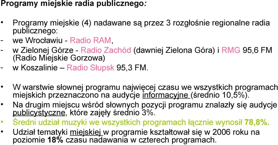 W warstwie słownej programu najwięcej czasu we wszystkich programach miejskich przeznaczono na audycje informacyjne (średnio 10,5%).