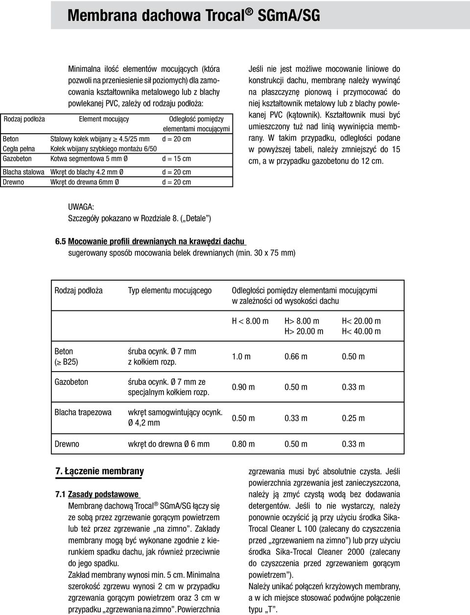 mm Ø Wkręt do drewna mm Ø Odległość pomiędzy elementami mocującymi d = 0 cm d = cm d = 0 cm d = 0 cm Jeśli nie jest możliwe mocowanie liniowe do konstrukcji dachu, membranę należy wywinąć na