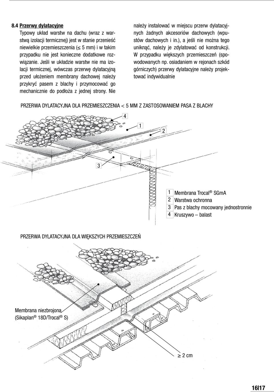 Jeśli w układzie warstw nie ma izolacji termicznej, wówczas przerwę dylatacyjną przed ułożeniem membrany dachowej należy przykryć pasem z blachy i przymocować go mechanicznie do podłoża z jednej