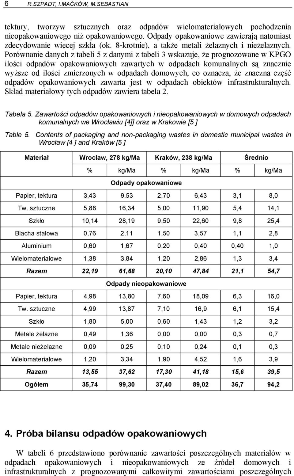 Porównanie danych z tabeli 5 z danymi z tabeli 3 wskazuje, że prognozowane w KPGO ilości odpadów opakowaniowych zawartych w odpadach komunalnych są znacznie wyższe od ilości zmierzonych w odpadach