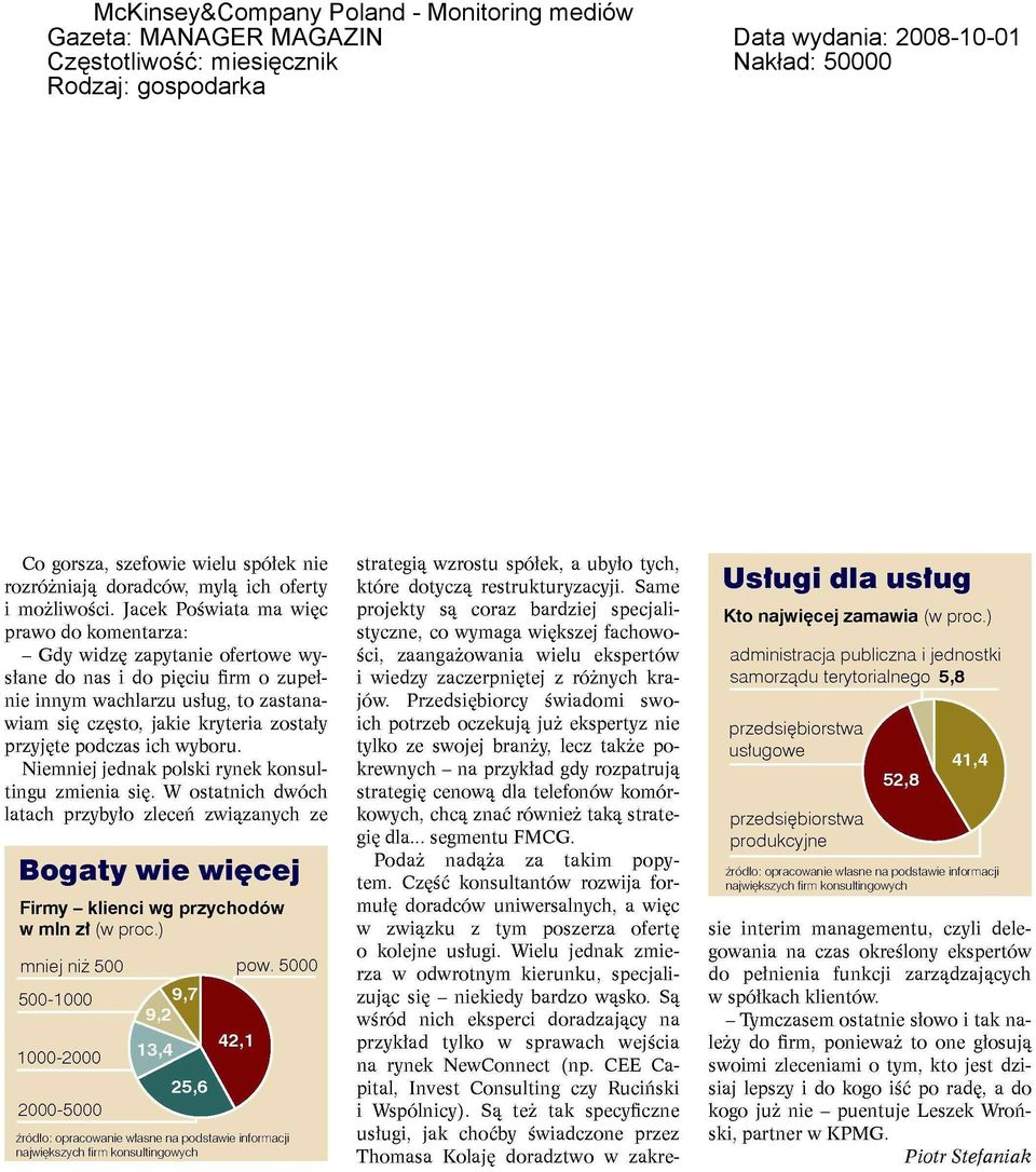 podczas ich wyboru. Niemniej jednak polski rynek konsultingu zmienia się. W ostatnich dwóch latach przybyło zleceń związanych ze Bogaty wie więcej Firmy - klienci wg przychodów w mln zł (w proc.