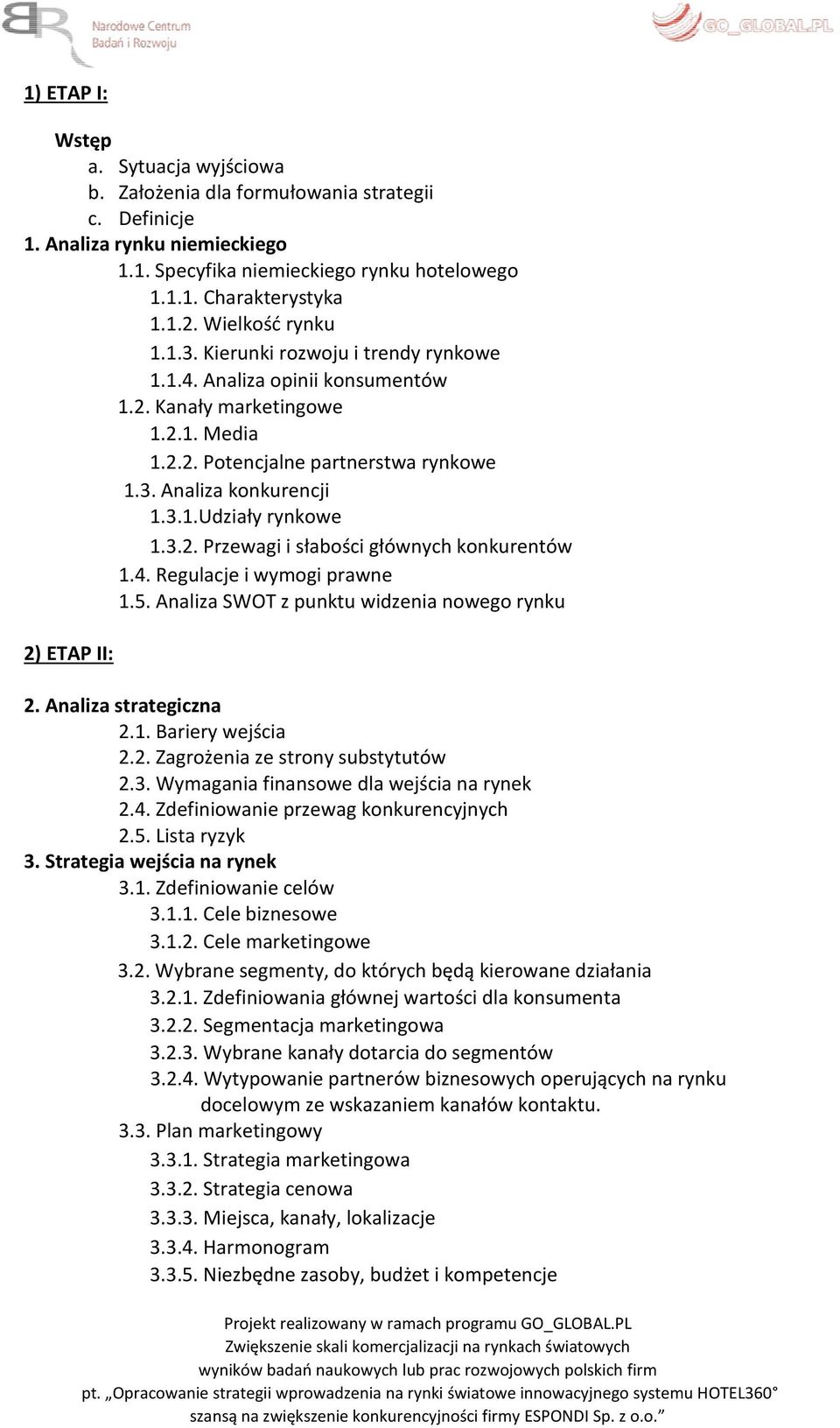 3.2. Przewagi i słabości głównych konkurentów 1.4. Regulacje i wymogi prawne 1.5. Analiza SWOT z punktu widzenia nowego rynku 2) ETAP II: 2. Analiza strategiczna 2.1. Bariery wejścia 2.2. Zagrożenia ze strony substytutów 2.