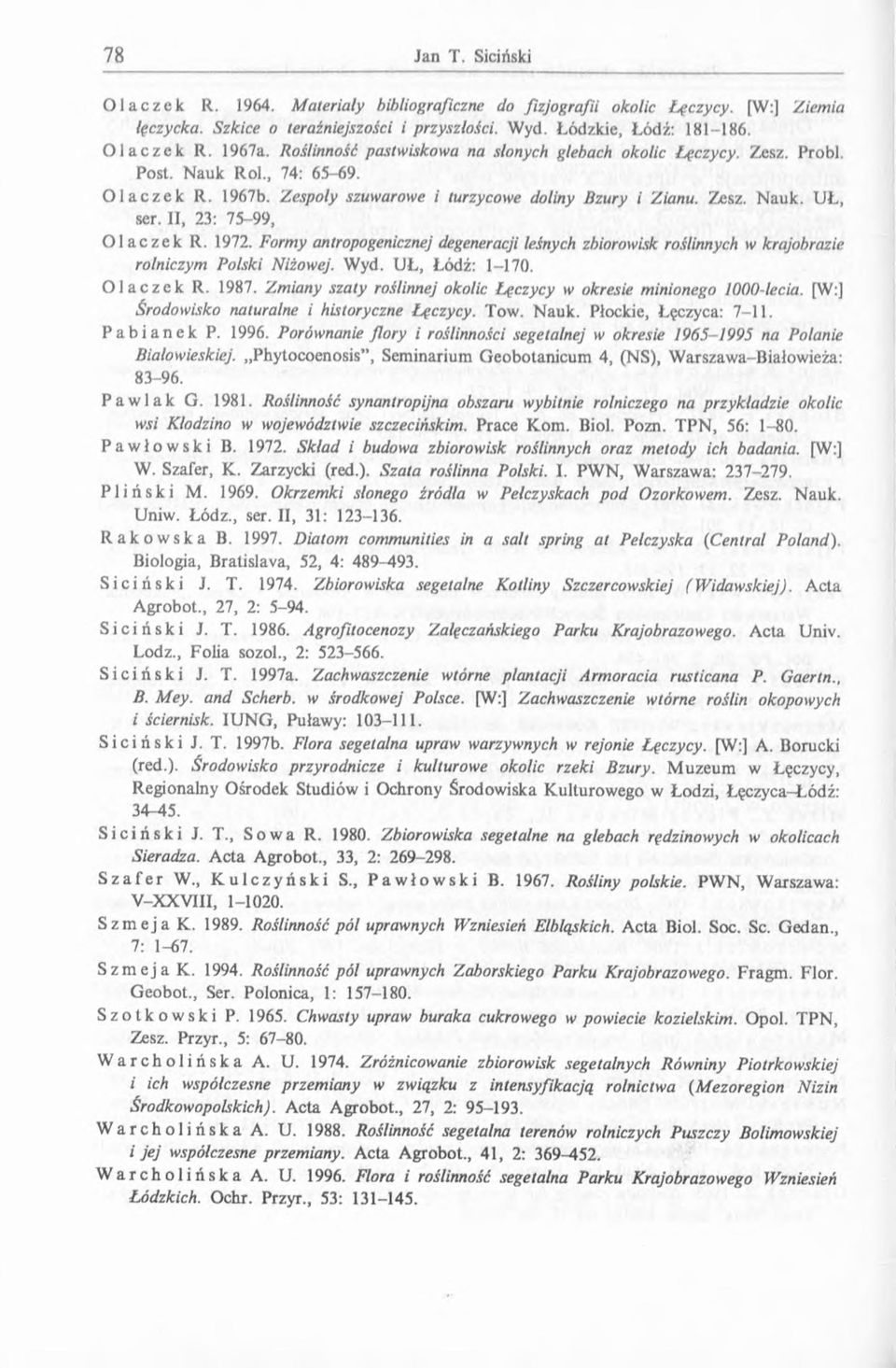 II, 23: 75-99, Olaczek R. 1972. Formy antropogenicznej degeneracji leśnych zbiorowisk roślinnych iv krajobrazie rolniczym Polski Niżowej. Wyd. UŁ, Łódź: 1-170. Olaczek R. 1987.