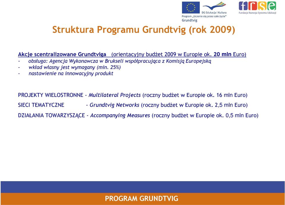 25%) - nastawienie na innowacyjny produkt PROJEKTY WIELOSTRONNE - Multilateral Projects (roczny budżet w Europie ok.