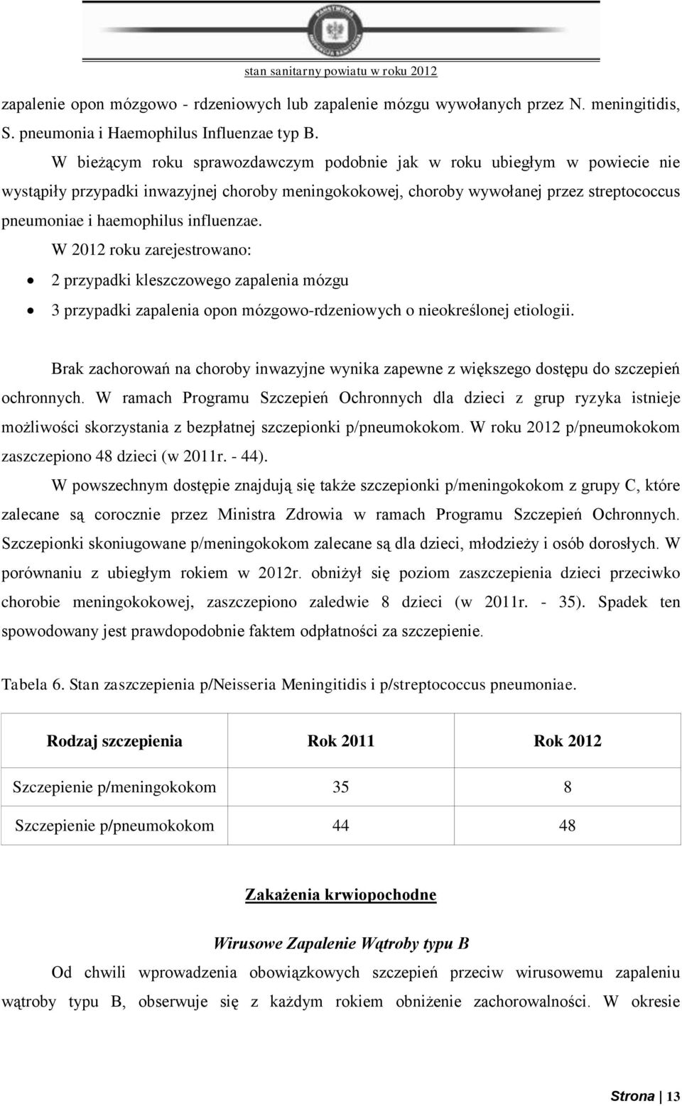 influenzae. W 2012 roku zarejestrowano: 2 przypadki kleszczowego zapalenia mózgu 3 przypadki zapalenia opon mózgowo-rdzeniowych o nieokreślonej etiologii.