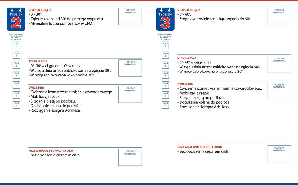 - Mobilizacja rzepki. - Ślizganie piętą po podłożu. - Dociskanie kolana do podłoża. - Rozciąganie ścięgna Achillesa. LLING: DAG DAG DAG - Ćwiczenia izometryczne mięśnia czworogłowego.