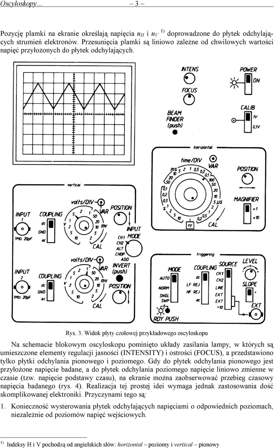 Widok płyty czołowej przykładowego oscyloskopu Na schemacie blokowym oscyloskopu pominięto układy zasilania lampy, w których są umieszczone elementy regulacji jasności (INTENSITY) i ostrości (FOCUS),