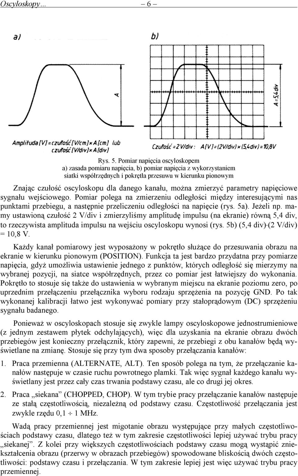 można zmierzyć parametry napięciowe sygnału wejściowego. Pomiar polega na zmierzeniu odległości między interesującymi nas punktami przebiegu, a następnie przeliczeniu odległości na napięcie (rys. 5a).