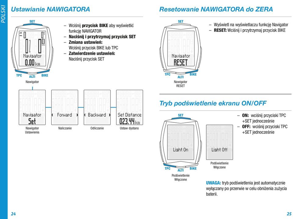 przycisk Tryb podświetlenie ekranu ON/OFF Nawigator Ustawienia Naliczanie Odliczanie Ustaw dystans 24 Podświetlenie Włączone ON: wciśnij przyciski +