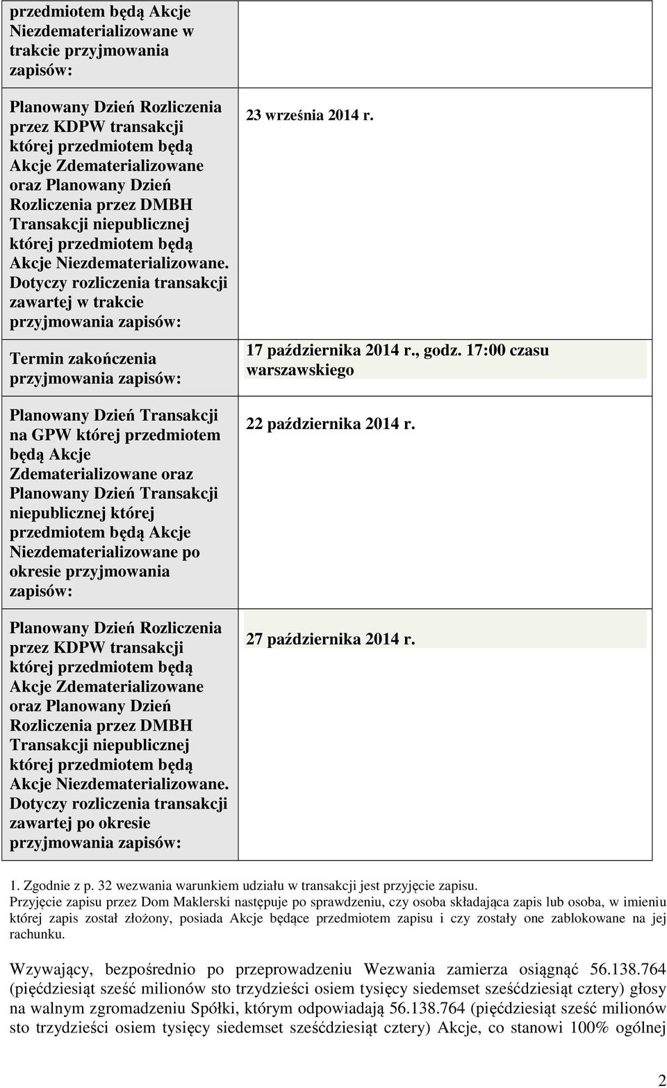 Dotyczy rozliczenia transakcji zawartej w trakcie przyjmowania zapisów: Termin zakończenia przyjmowania zapisów: Planowany Dzień Transakcji na GPW której przedmiotem będą Akcje Zdematerializowane