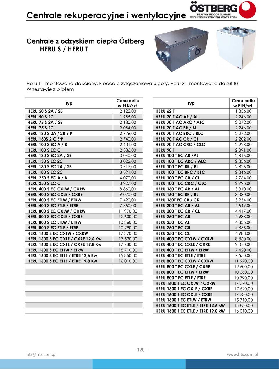 2246,00 HERU 130 S 2A / 2B ErP 2776,00 HERU 70 T AC BRC / BLC 2272,00 HERU 130S 2 C ErP 2740,00 HERU 70 T AC CR / CL 2202,00 HERU 100 S EC A / B 2401,00 HERU 70 T AC CRC / CLC 2228,00 HERU 100 S EC C