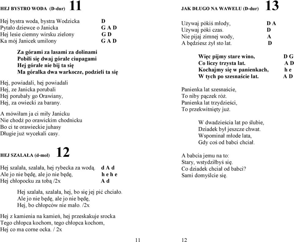 A mówiłam ja ci miły Janicku Nie chodź po orawickim chodnicku Bo ci te orawieckie juhasy Długie juŝ wycekali casy. HEJ SZALAŁA (d-mol) 12 Hej szalała, szalała, hej rybecka za wodą.