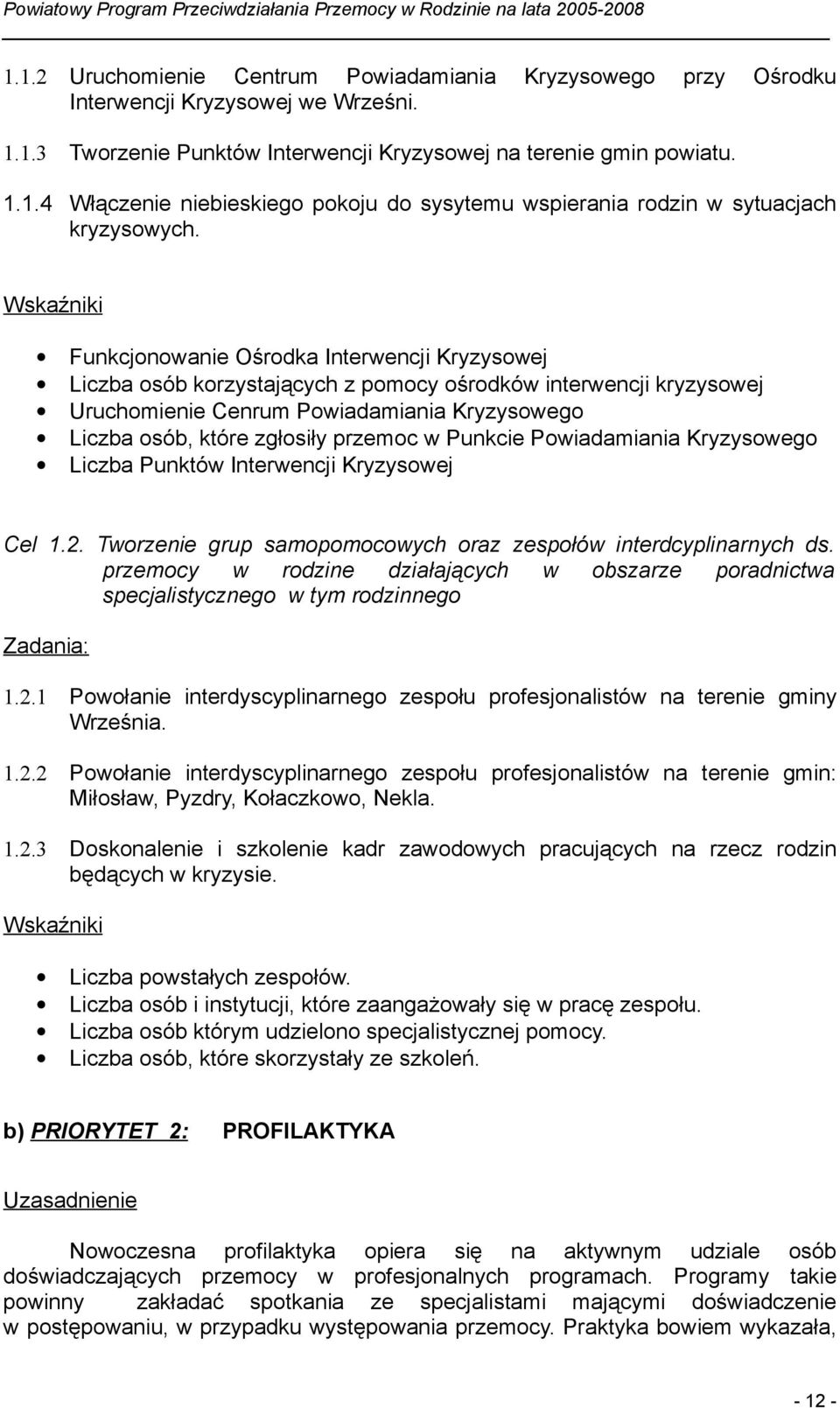 przemoc w Punkcie Powiadamiania Kryzysowego Liczba Punktów Interwencji Kryzysowej Cel 1.2. Tworzenie grup samopomocowych oraz zespołów interdcyplinarnych ds.