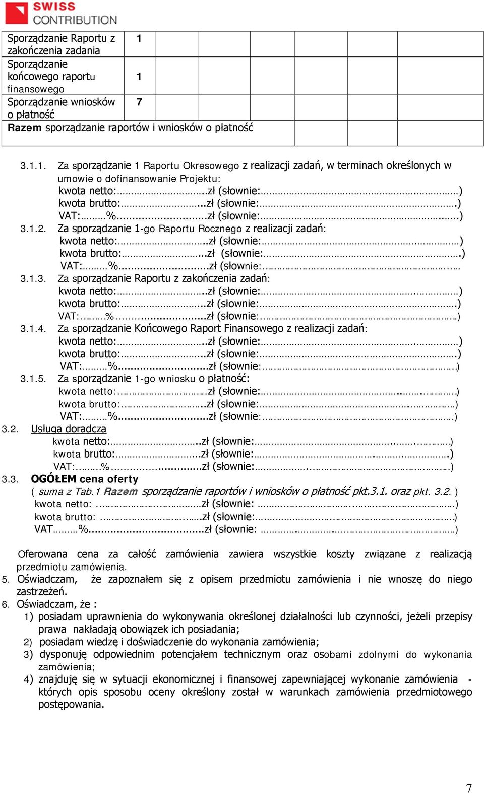 .zł (słownie:. ) kwota brutto:...zł (słownie:.) VAT: %...zł (słownie:.) 3.1.4. Za sporządzanie Końcowego Raport Finansowego z realizacji zadań: kwota netto:..zł (słownie:. ) kwota brutto:...zł (słownie:.) VAT: %...zł (słownie: ) 3.