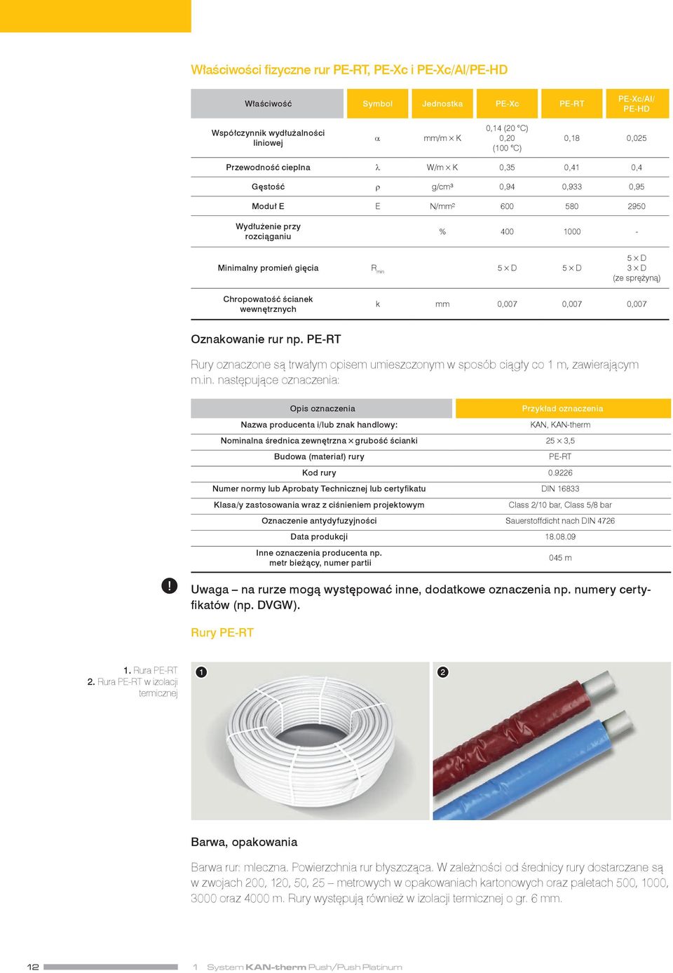 sprężyną) Chropowatość ścianek wewnętrznych k mm 0,007 0,007 0,007 Oznakowanie rur np. PE RT Rury oznaczone są trwałym opisem umieszczonym w sposób ciągły co 1 m, zawierającym m.in.