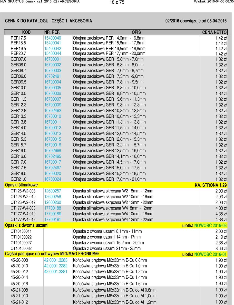 7 15400044 Obejma zaciskowa RER 17,1mm - 20,0mm 1,42 zł GER07.0 16700001 Obejma zaciskowa GER 5,8mm - 7,0mm 1,32 zł GER08.0 16700002 Obejma zaciskowa GER 6,8mm - 8,0mm 1,32 zł GER08.