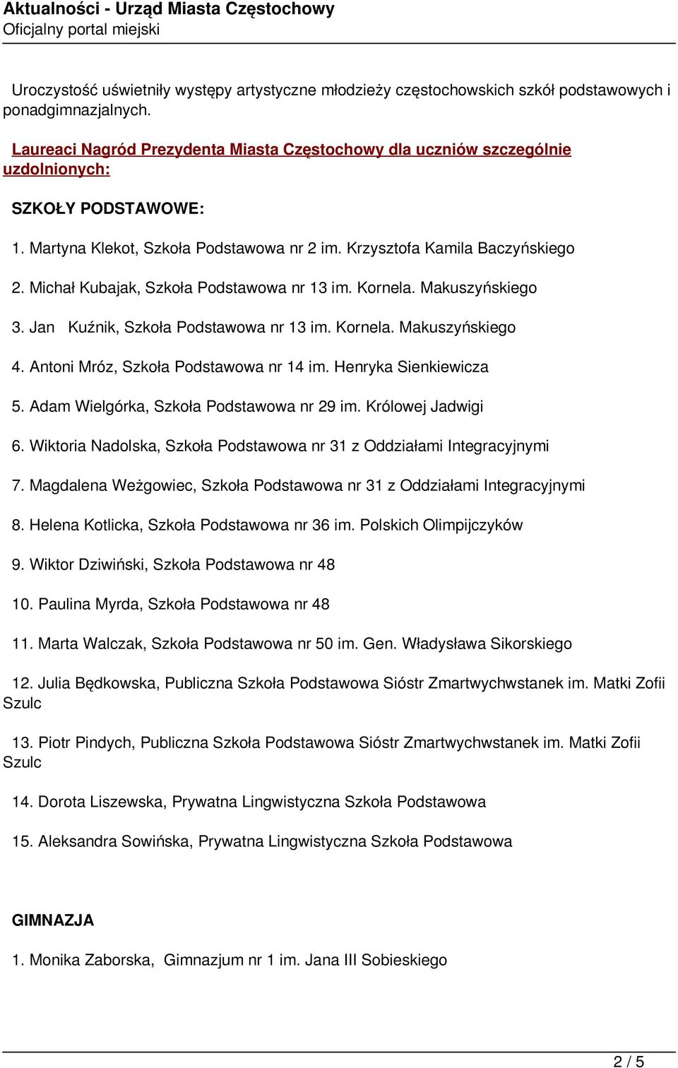 Michał Kubajak, Szkoła Podstawowa nr 13 im. Kornela. Makuszyńskiego 3. Jan Kuźnik, Szkoła Podstawowa nr 13 im. Kornela. Makuszyńskiego 4. Antoni Mróz, Szkoła Podstawowa nr 14 im.