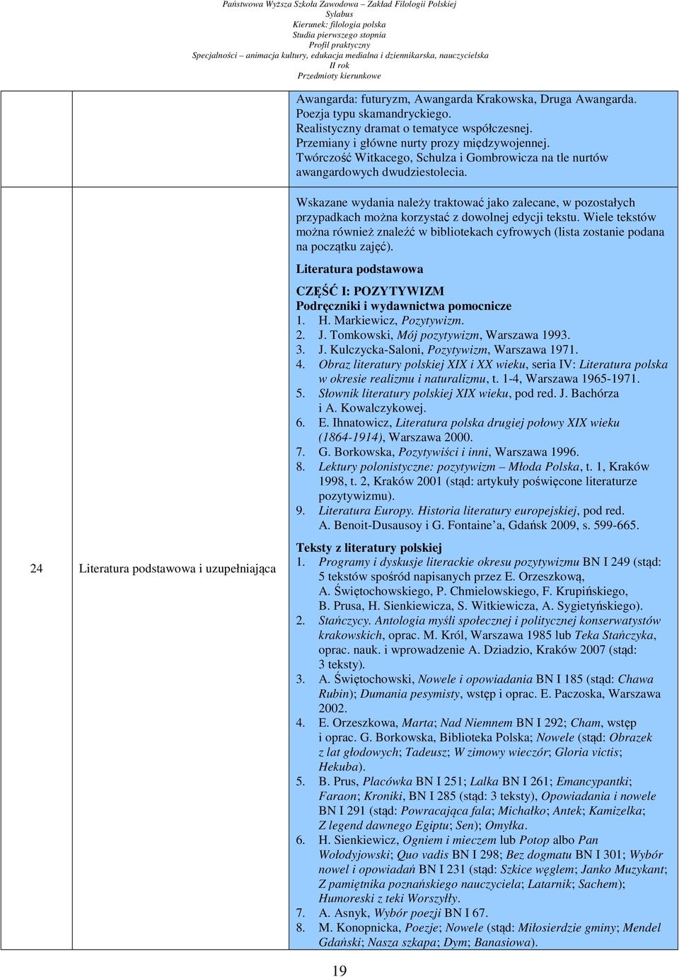 24 Literatura podstawowa i uzupełniająca Wskazane wydania należy traktować jako zalecane, w pozostałych przypadkach można korzystać z dowolnej edycji tekstu.