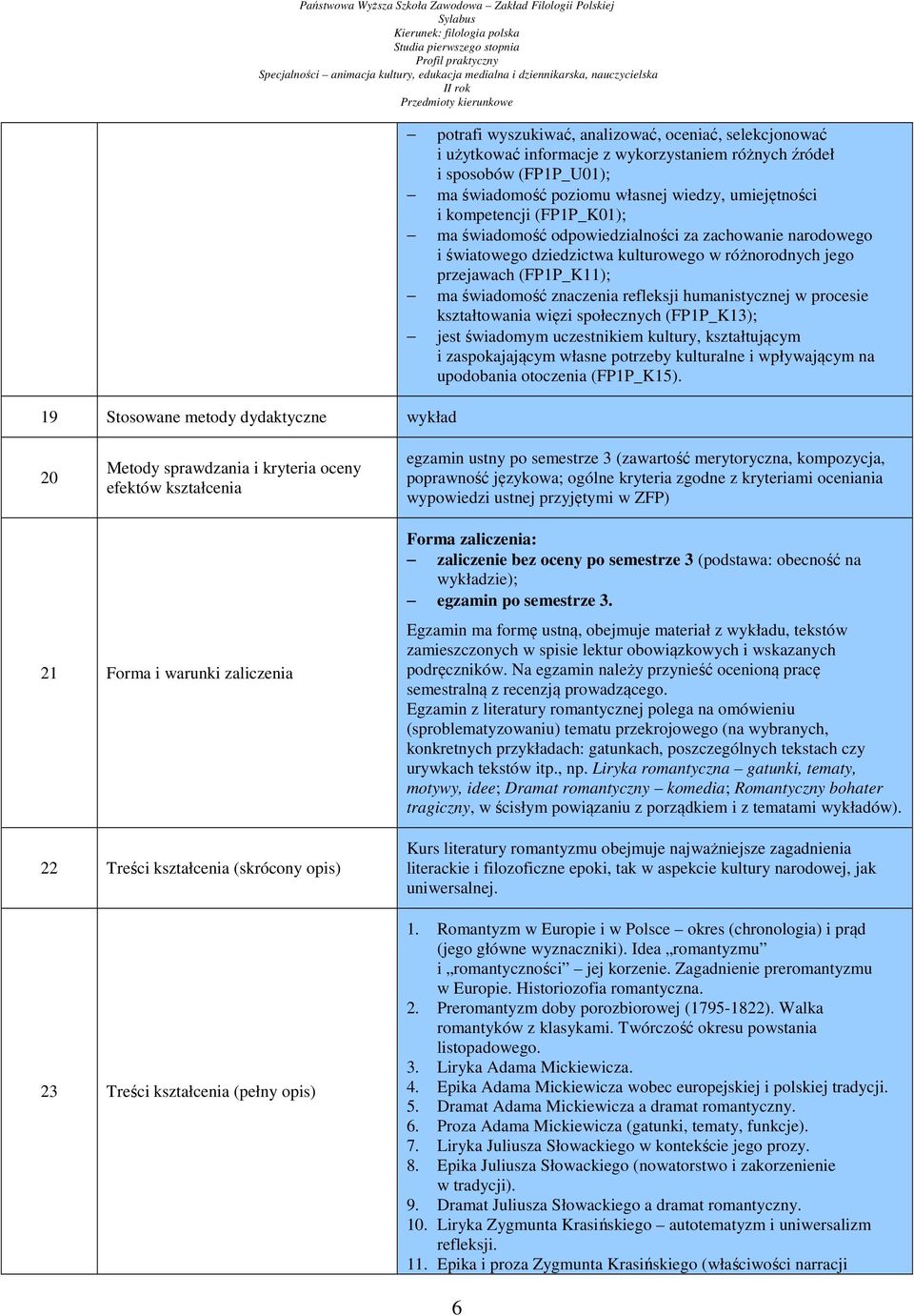 humanistycznej w procesie kształtowania więzi społecznych (FP1P_K13); jest świadomym uczestnikiem kultury, kształtującym i zaspokajającym własne potrzeby kulturalne i wpływającym na upodobania