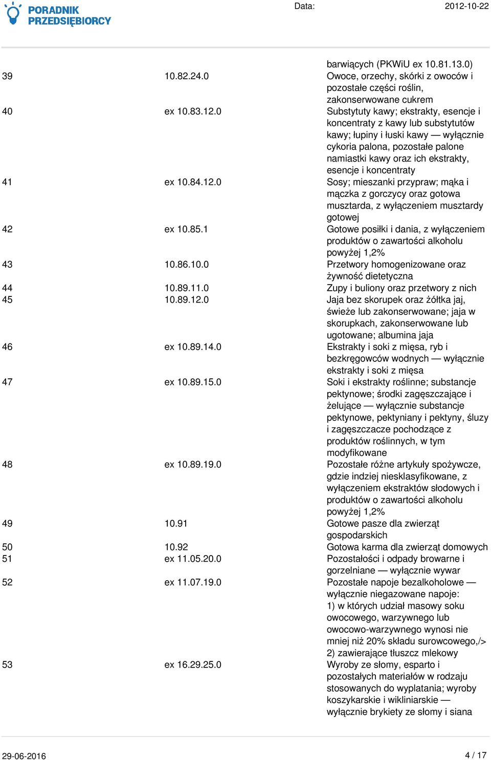 koncentraty 41 ex 10.84.12.0 Sosy; mieszanki przypraw; mąka i mączka z gorczycy oraz gotowa musztarda, z wyłączeniem musztardy gotowej 42 ex 10.85.