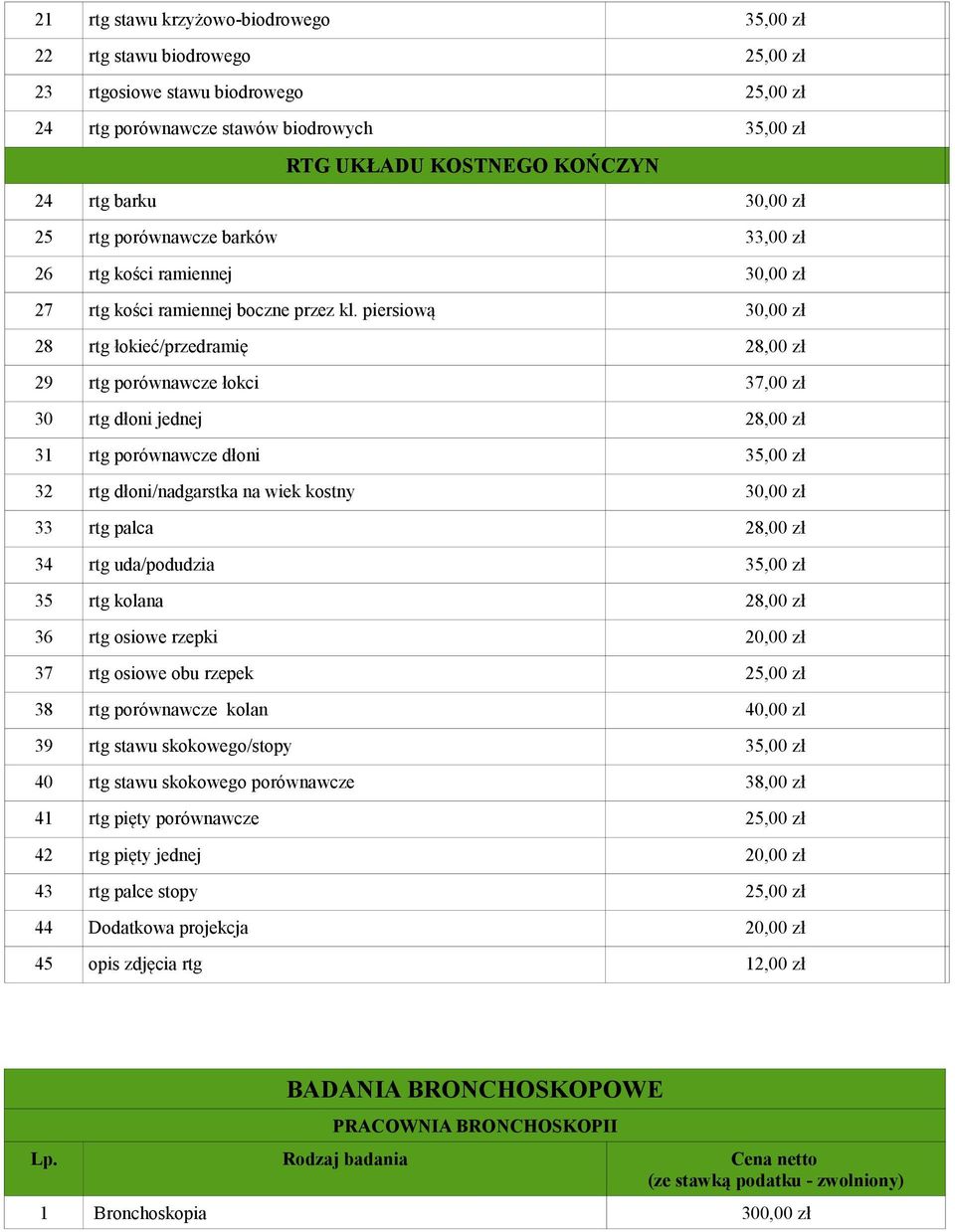 piersiową 30,00 zł 28 rtg łokieć/przedramię 28,00 zł 29 rtg porównawcze łokci 37,00 zł 30 rtg dłoni jednej 28,00 zł 31 rtg porównawcze dłoni 35,00 zł 32 rtg dłoni/nadgarstka na wiek kostny 30,00 zł