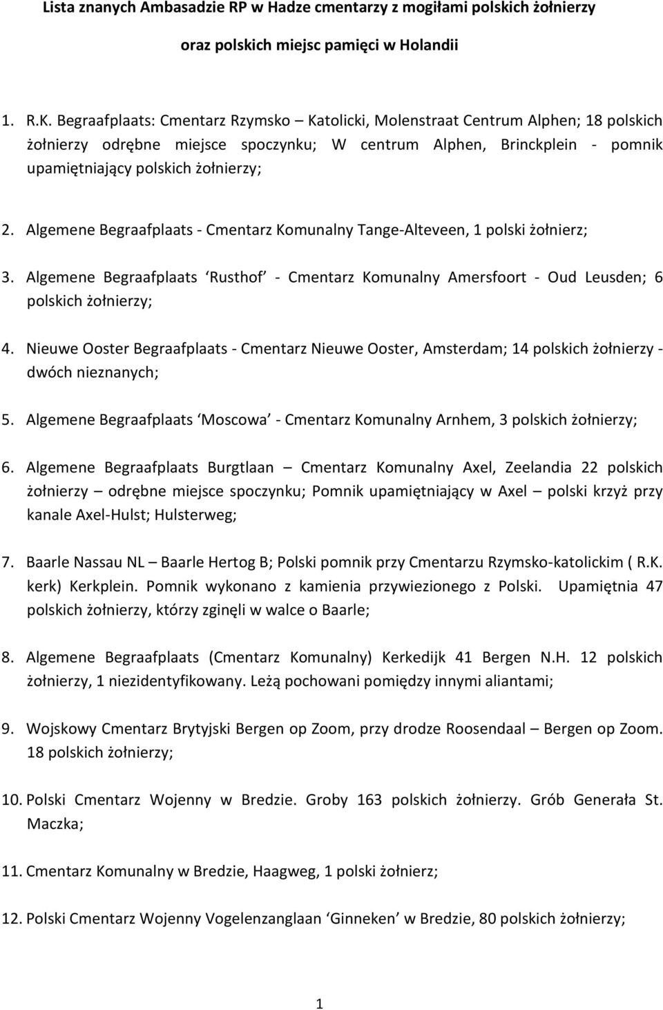 Algemene Begraafplaats - Cmentarz Komunalny Tange-Alteveen, 1 polski 3. Algemene Begraafplaats Rusthof - Cmentarz Komunalny Amersfoort - Oud Leusden; 6 4.