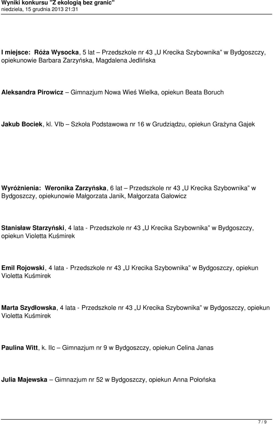 VIb Szkoła Podstawowa nr 16 w Grudziądzu, opiekun Grażyna Gajek Wyróżnienia: Weronika Zarzyńska, 6 lat Przedszkole nr 43 U Krecika Szybownika w Bydgoszczy, opiekunowie Małgorzata Janik, Małgorzata