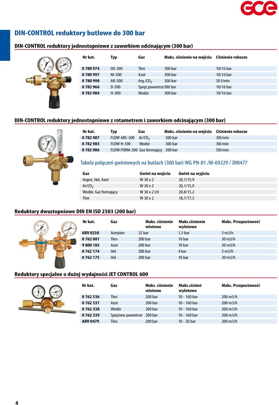 powietrze300 bar 10/16 bar 0 782 984 H-300 Wodór 300 bar 10/16 bar DIN-CONTROL reduktory jednostopniowe z rotametrem i zaworkiem odcinającym (300 bar) Typ Gaz Maks.